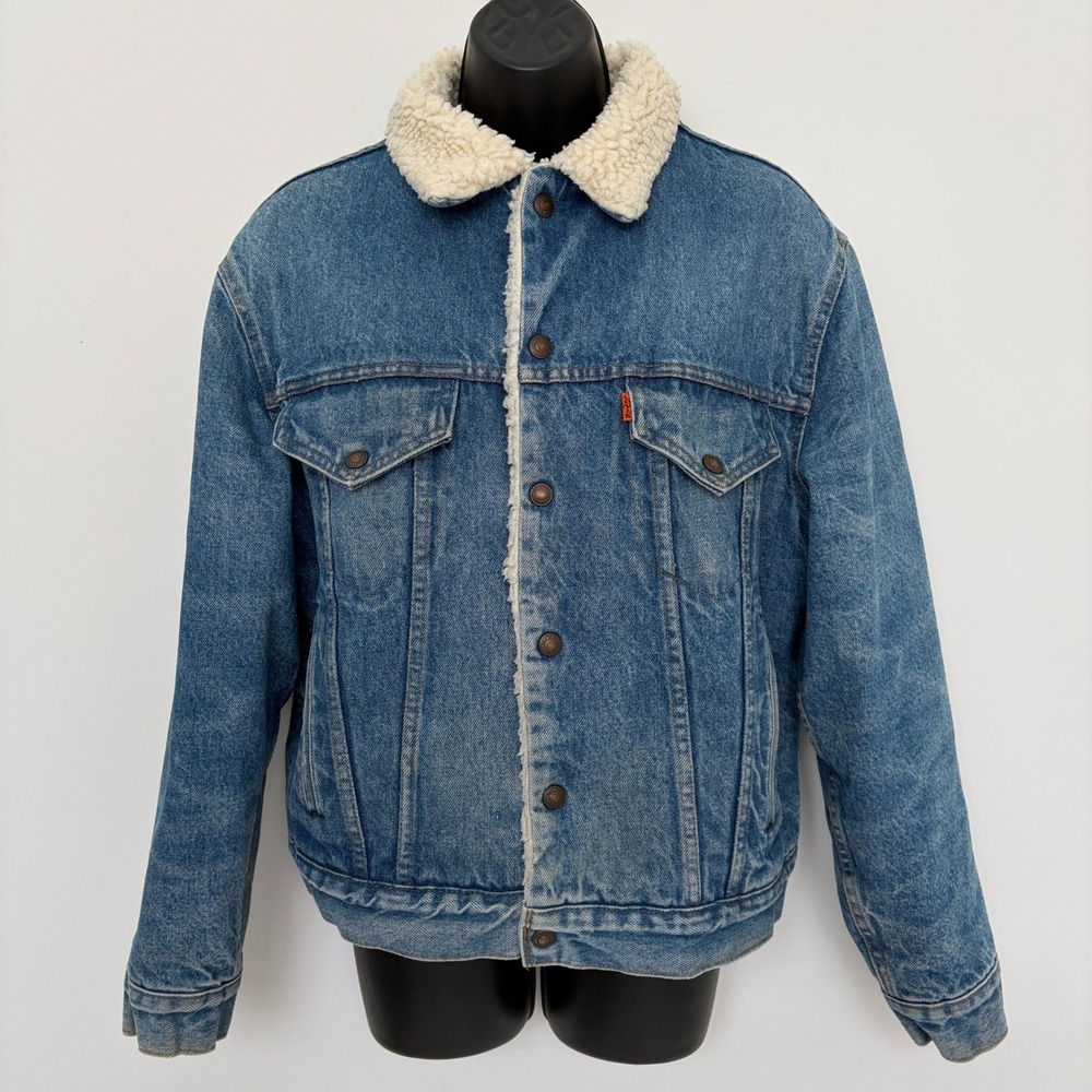Vintage Levis Sherpa Lined Denim Trucker Jacket Orange Tab 42 Blue